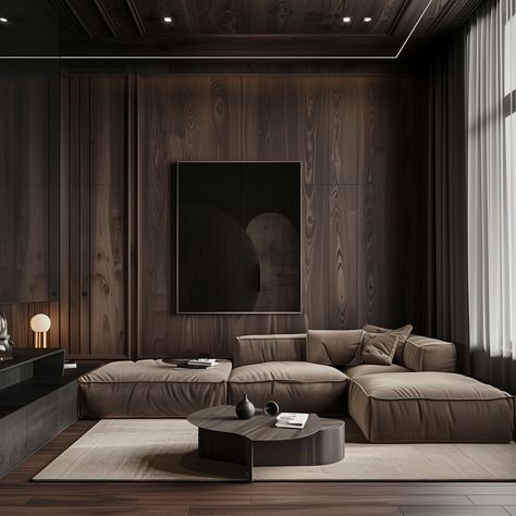 Living Room in Dark :: Behance Walnut Interior Design Living Room, Dark Contemporary Interior, Dark Brown Wood Living Room, Moody Scandinavian Living Room, Dark Brown Moodboard, Dark Brown Interior Design, Brown Black Living Room, Dark Contemporary Living Room, Living Room Dark Wood