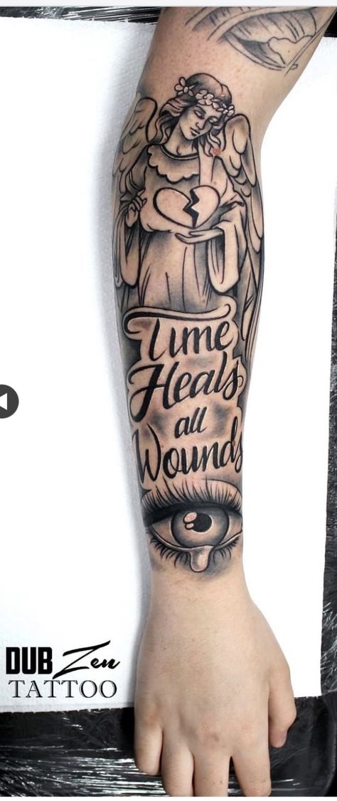 Tattoos For The Forearm, Finish Sleeve Tattoo Ideas, Cold Heart Tattoo Designs, See You On The Other Side Tattoo, Quote Tattoos Forearm, Tattoo Sketches For Men Sleeve, Hear No Evil See No Evil Tattoo Stencil, Time Heals All Tattoo, Foe Tattoos