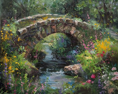 "Bloom Over Bridge" is an enchanting oil painting that portrays a rustic stone bridge surrounded by the vibrant dance of wildflowers. The eye is drawn across the quaint structure, over the gentle stream, and into the lush forest that frames the scene. The use of bold, impasto brushstrokes adds a delightful texture, capturing the dynamic essence of nature's palette. The flowers in full bloom, set against the dappled light filtering through the trees, create a tableau of color and life, evoking the spirit of spring and the promise of summer. This piece is an invitation to experience the simple joys of nature and would be a charming addition to any collection, perfect for those seeking to bring the beauty of the outdoors into their home. Features: * Ayous wood .75″ (1.9 cm) thick frame from r Over The Garden Wall Palette, Nature Painting Reference, Flower Forest Painting, Forest Flowers Painting, Big Landscape Paintings, Monet Bridge Painting, Over The Garden Wall Painting, Garden Painting Ideas, Landscape Ideas Painting