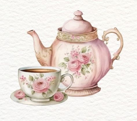 Tea Cups Drawing, Tea Pot Illustration, Teapot Painting, Tea Cup Image, Tea Cup Drawing, Pink Tea Set, Whimsical Art Journal, Tea History, Decoupage Vintage