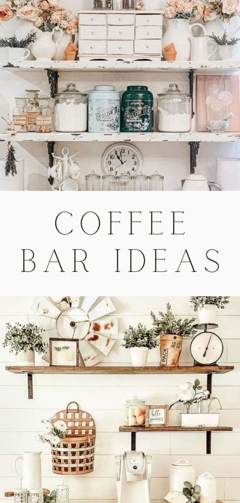 Best coffee bar ideas. No farmhouse is complete without a home coffee bar, so today we want to share some coffee bar ideas. We'll share with you what to put in a coffee bar and how to set up a coffee station. Your coffee bar does not have to only be in your kitchen and you can create a good sized or small coffee station and have a great addition to your home. Farmhouse Coffee Bar Ideas Kitchen Counter, French Coffee Bar Ideas, Minimalist Coffee Bar Home, Vintage Coffee Station Ideas, Cottagecore Coffee Bar, Coffee Buffet Station, Coffee Bar Ideas Farmhouse, Shelves For Coffee Bar, Boho Coffee Bar Ideas