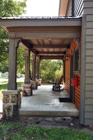 Transforming a Porch Ceiling - Extreme How To Rock Pillars On Porch, Wood Ceiling Porch, Rock Patios, Natural Wood Ceiling, Porch Pictures, Old Porch, Porch Pillars, Rustic Front Porch, Stone Porches