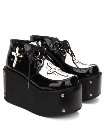 Black Gothic Cross Style Platform Shoes for Women - Devilnight.co.uk Goth Shoes, Creepers Shoes, Punk Shoes, Gothic Shoes, Dr Shoes, Platform Wedges Shoes, Wedges Shoes, Shoes Platform, High Heel Wedges