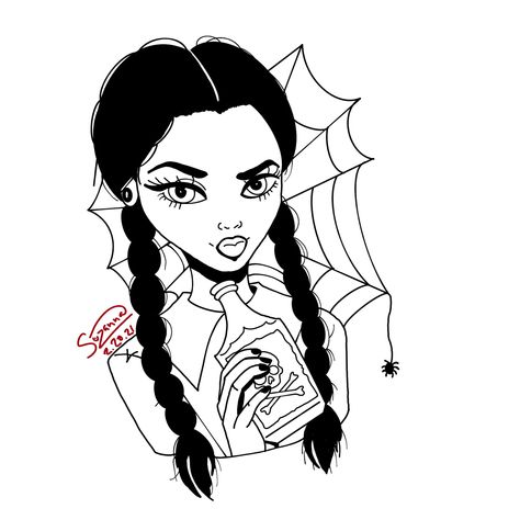 Coloring Pages Wednesday Addams, Adams Family Wednesday Svg, Adams Family Coloring Pages, Merlina Adams Tattoo, Wednesday Addams Cartoon Drawing, Adams Family Tattoo Ideas, Wednesday Addams Tattoos, Wednesday Addams Art Drawing, Wednesday Tattoo Design