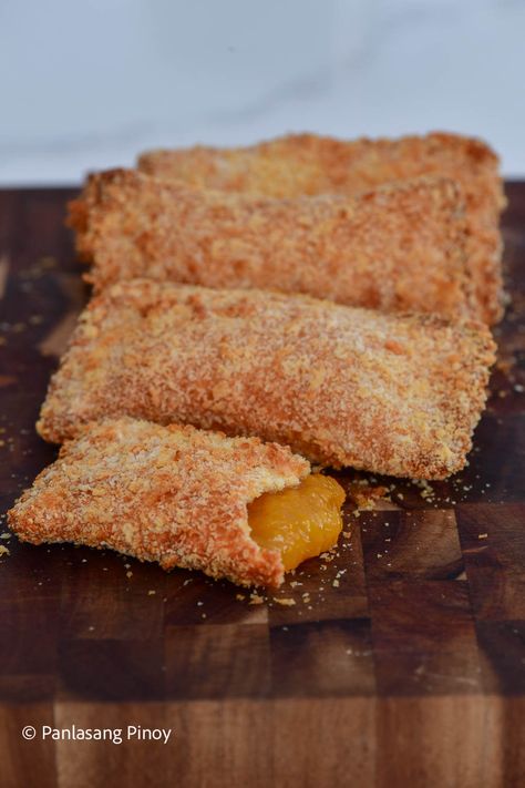 Peach Mango Pie (Air Fryer) Filipino Egg Pie, Peach Mango Pie Jollibee, Mango Float Recipe Filipino Desserts, Hong Kong Style Mango Pancake, Mango Pomelo Sago, Peach Mango Pie, Refrigerator Cake, Mango Pie, Peach Mango