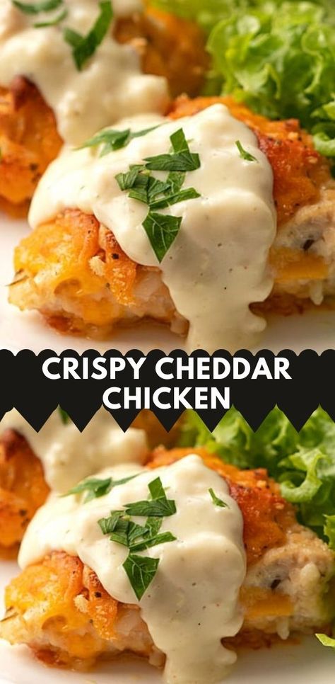 Crispy Cheddar Chicken | 100K Recipes Crispy Cheddar Chicken, Chicken Recipes Boneless, Cheddar Chicken, Crispy Baked Chicken, Chicken Dishes Recipes, Baked Chicken Recipes, Recipes Chicken, Poultry Recipes, Cream Of Chicken Soup