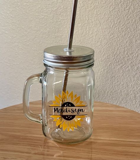 Personalized Sunflower Driking Glass - Kitchenware - Iced Coffee Cup - Soda Cup - Drinking Glass w/ Handle by tmprintsandcrafts on Etsy Mug Cups, Soda Cup, Christmas Spoons, Glass Mason Jars, Iced Coffee Cup, Drinking Glass, Wooden Spoons, Mason Jar Mug, Candy Corn