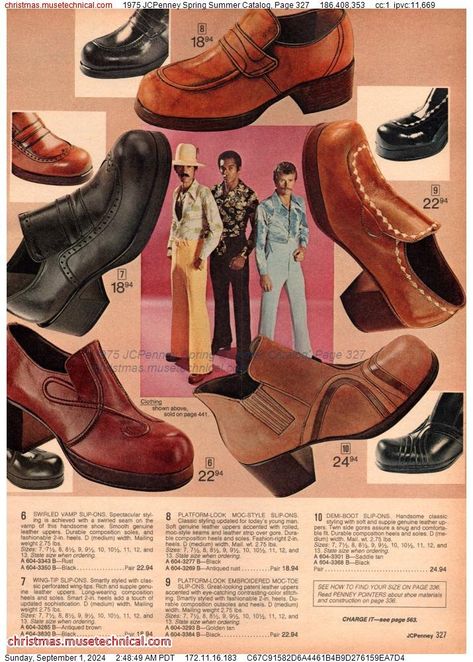 1975 JCPenney Spring Summer Catalog, Page 327 - Catalogs & Wishbooks 70s Mens Shoes, 70s Catalog, 1975 Fashion, 70s Fashion Men, Thrift Board, 70s Shoes, 1980s Kids, 70s Men, Seventies Fashion