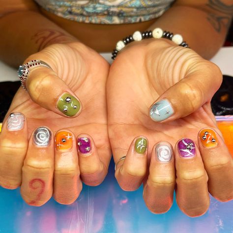 Gel manicure on natural nails with a fun y2k mix and match theme Mix And Match Nails Short, Y2k Natural Nails, Short Mismatched Nails, Loser Nails, Nature Themed Nails, Miss Match Nails, Short Fun Nails, Funky Short Nails, Y2k Nail Designs