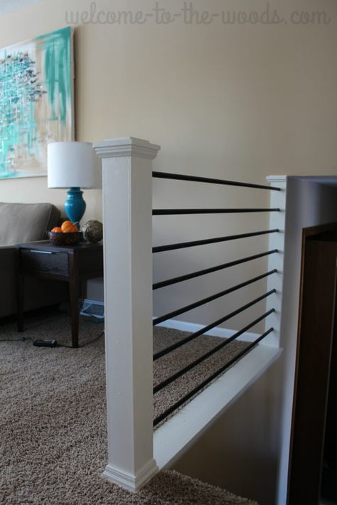 Beautiful modern and sleek stair railing design done by a young mommy blogger. You have to watch the video tutorial to see this amazing transformation! Banister Remodel, Stairs Makeover Design, Railing Makeover, Stair Railing Makeover, Diy Stair Railing, Stairs Railing, Stair Ideas, Stairs Makeover, Diy Staircase