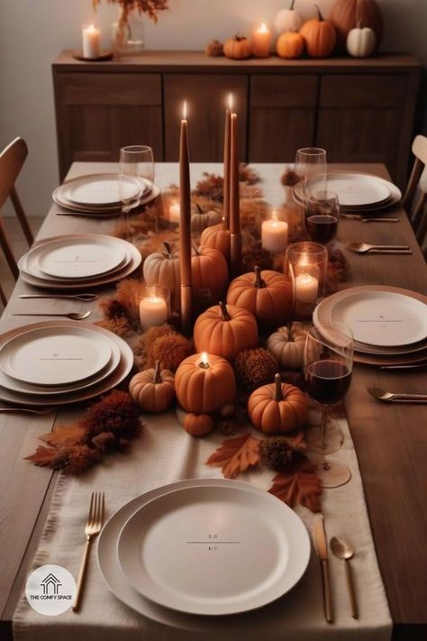 Elevate your family gatherings with elegant autumn table settings. Discover our tips for creating a cozy and inviting atmosphere.#FallDecor #AutumnVibes #HomeInspiration #CozyLiving #InteriorDesign Orange Table Cloth Thanksgiving, Family Thanksgiving Table Settings, Thanksgiving Table Settings Tablecloth, Cozy Thanksgiving Table, Beige Thanksgiving Aesthetic, Autumn Table Set Up, Dinner Party Color Palette, Fall Thanksgiving Aesthetic, Autumn Dinner Table Decor