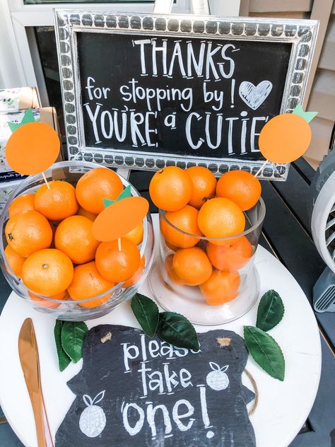 Little Cuties Baby Shower Ideas, Baby Shower Ideas Outdoor, Little Cutie Baby Shower Ideas, Cutie Is On The Way, Baby Shower Fruit, Fruit Baby, Citrus Baby, Orange Baby Shower, Baby Shower Theme Decorations