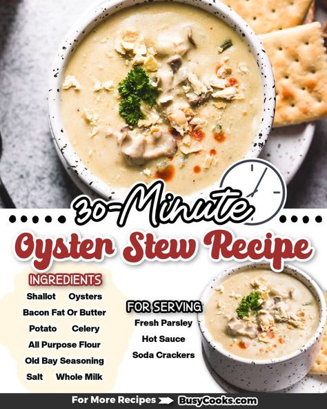 This super easy oyster stew recipe makes thick, creamy and rich soup! While most recipes don't call for potatoes, we find ours even better with it. Easy Oyster Stew, Crockpot Oyster Stew, Oyster Stew With Potatoes, Oyster Stew Recipes Best, Easy Oyster Stew Recipes, Oyster Stew With Fresh Oysters, Oyster Soup Recipe, Oyster Stew Recipes, Canned Oysters