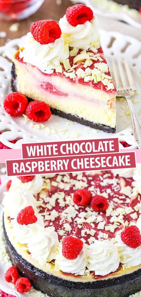 Lemon Raspberry Cheesecake, White Chocolate Desserts, Chocolate Cookie Crust, Raspberry Cheesecake Bars, Raspberry Swirl Cheesecake, Cheesecake Desserts Recipes, White Chocolate Raspberry Cheesecake, Savory Dessert, Chocolate Raspberry Cheesecake