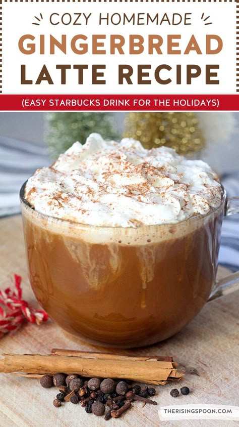 Looking for easy coffee drinks you can fix for the holidays? This Starbucks inspired gingerbread latte is so warm, cozy & delicious you'll want to make it on repeat all fall & winter long. It's extra flavorful thanks to the homemade gingerbread syrup (super simple to fix on the stove). The best part? This DIY latte is sweetened with maple syrup so it's healthy but still feels like a treat! Skip your hot morning coffee and make this festive & fun nonalcoholic Christmas drink at home instead! Gingerbread Syrup For Coffee, Gingerbread Coffee Syrup, Gingerbread Latte Syrup, Latte Ideas, Gingerbread Latte Recipe, Easy Coffee Drinks, Gingerbread Syrup, Gingerbread Recipes, Recipe For Christmas