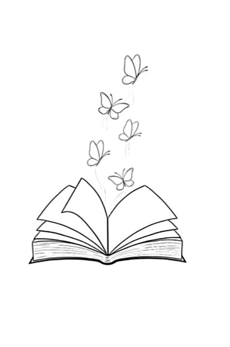 Simple Book Painting, Book Opening Drawing, Books Outline Drawing, How To Draw A Book Easy, Books And Flowers Drawing, Cute Book Doodles, Book Doodles Easy, Sketches Of Books, Aesthetic Book Drawing