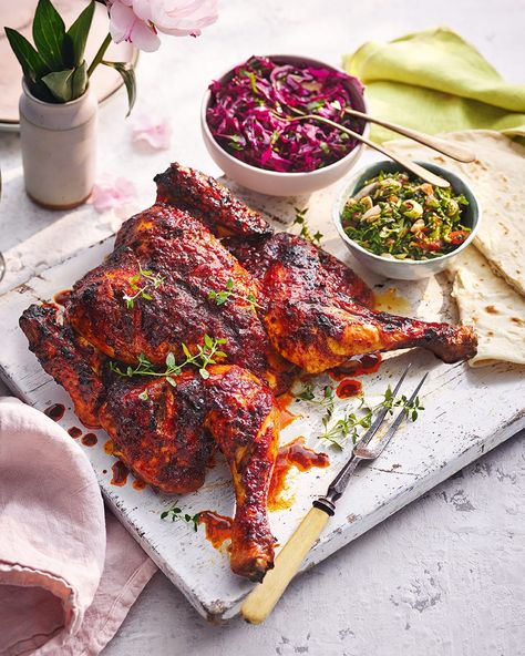 Learn how to spatchcock a chicken with this harissa and honey recipe, complete with pickled cabbage and a nutty almond tabbouleh. Tabbouleh Recipe, Harissa Chicken, Roast Chicken Recipes, Honey Chicken, Sunday Roast, Honey Recipes, Roast Chicken, Poultry Recipes, Spicy Recipes