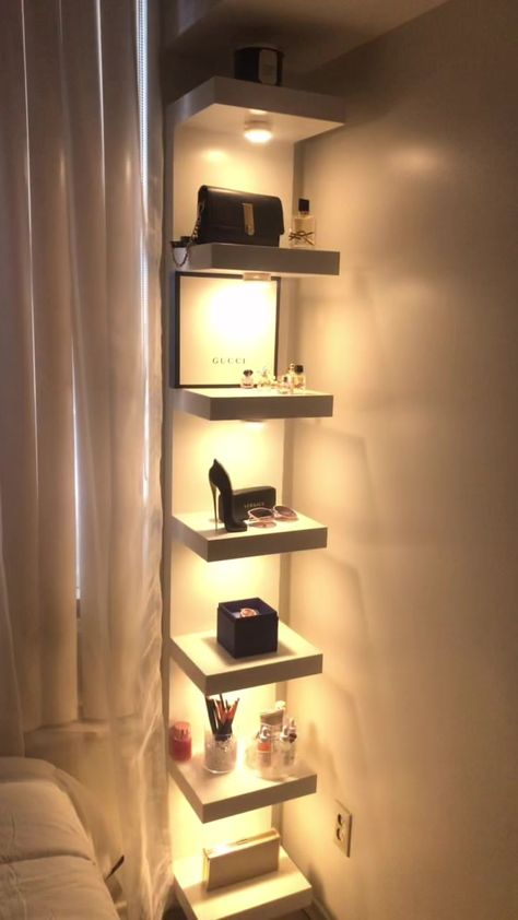 Finally got my hands on this shelf 😌 Shoe Shelf In Bedroom, Room Ideas Accessories, Bedroom Ideas With Shelves, Lack Shelf Decor, Shelves Next To Bed, Vanity Shelf Ideas, Floating Shelves Bedroom Decor, Shoe Display Ideas Bedroom, Ikea Shelf Decor