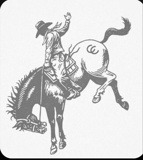 Bucking Cowboy Tattoo, Cowboy Bucking Horse Tattoo, Vintage Western Stamp Tattoo, Simple Western Tattoos Men, Cowboy And Horse Tattoo, Bronc Drawing, Western Neck Tattoo, Bronc Rider Tattoo, Longhorn Illustration