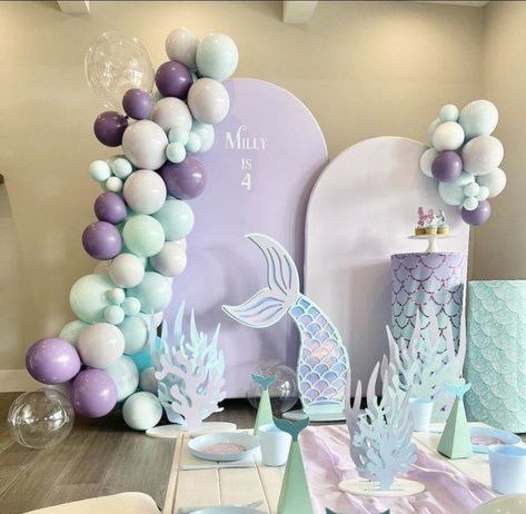 Diy Mermaid Backdrop, Balloon Decoration Diy, Mermaid Balloon Arch, Diy Mermaid Decor, Mermaid Balloon Garland, Mermaid Backdrop, Decoration Buffet, Mermaid Birthday Decorations, Mermaid Balloons