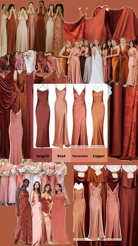 Terracotta monochromatic bridesmaids copper, rust, burgundy, dusty rose Fall Photoshoot Ideas, Rust Bridesmaid Dress, Rusting Wedding, Fall Wedding Color Palette, Fall Bridesmaids, Fall Bridesmaid Dresses, Rose Bridesmaid Dresses, Wedding Party Outfits, Dusty Rose Wedding