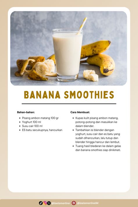 Butuh camilan sehat dan lezat? Banana smoothie adalah jawabannya! Kaya akan kalium dan serat, minuman ini membantu menjaga kesehatan jantung dan pencernaan.  Selamat mencoba! #KreasiCanvaPinterest Resep Smoothie, Banana Smoothie, Smoothie, Recipes To Cook, Cooking Recipes