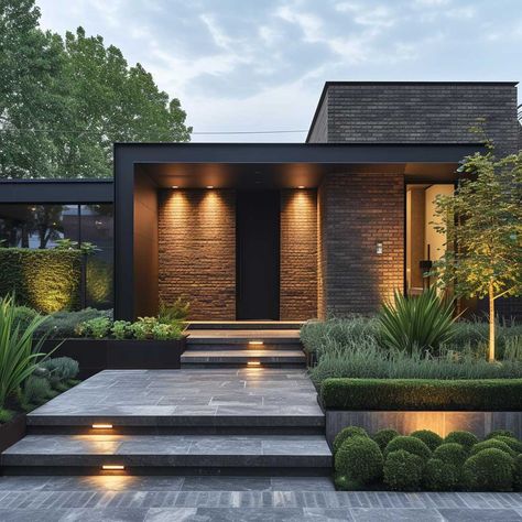 Boost Your Home's Facade with Modern Front Garden Brick Wall Designs • 333+ Images • [ArtFacade] House With Bricks Design, Front House Inspiration, Modern Home Entrance Exterior, Modern Front House Landscaping, Modern Brick Bungalow Exterior, Yard Landscaping Front Of House, Modern Brick Homes Exterior, Brick Wall House Exterior, Modern Front Landscaping Ideas