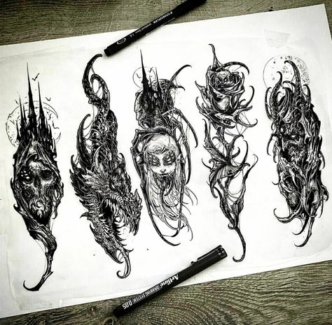 Gotik Tattoo, Scary Tattoos, Fantasy Tattoos, Creepy Tattoos, Spooky Tattoos, Gothic Tattoo, Dark Art Tattoo, Tattoo Style Drawings, Tattoo Project