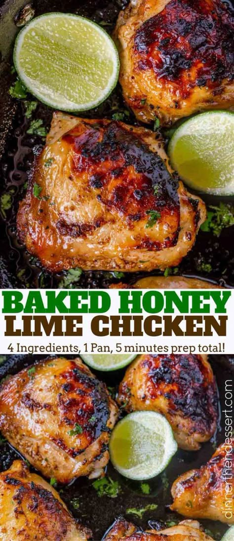 Baked Honey Lime Chicken with just 4 total ingredients browned then baked in the same skillet and the results are crispy, citrusy, sweet and tender.  Baked Honey Lime Chicken Baked Honey Lime Chicken is packed with flavor with practically no effort whatsoever and just a small handful of ingredients. This dish is one of our … Skillet Hot Honey Chicken With Hearty Greens, Lime Chicken Thigh Recipes, Honey Citrus Chicken, Spicy Honey Lime Chicken, Baked Chicken Hindquarters, Mojito Lime Chicken, Lime Chicken Recipes, Honey Lime Chicken, Dinner Then Dessert