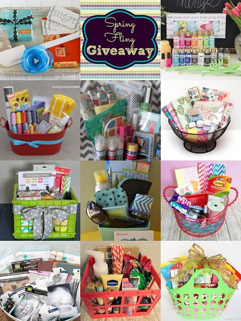 Spring Fling GIVEAWAY! 11 baskets full of favorites! Auction Baskets, Raffle Basket, Raffle Baskets, Diy Gift Baskets, Crafty Gifts, Cadeau Diy, Gift Basket Ideas, Jar Gifts, Building Ideas