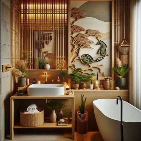 15 Japandi Bathroom Ideas for a Calm, Minimal Space Japandi Bathroom Ideas, Bathroom Japandi, Small Zen Garden, Asian Bathroom, Japandi Bathroom, Tranquil Bathroom, Geometric Tile Pattern, Japanese Bath, Japandi Design