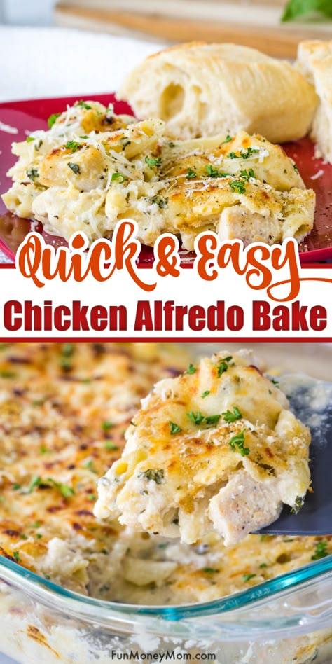 Leftover Chicken Alfredo Ideas, Chicken Alfredo Pasta Bake Easy, Baked Chicken Alfredo Pasta With Jar Sauce, Oven Chicken Alfredo Pasta, Baked Chicken Fettuccine Alfredo Recipe, Ramen Chicken Alfredo Bake, Oven Baked Chicken Alfredo, Raos Alfredo Recipes, Chicken Alfredo Bake With Jar Sauce