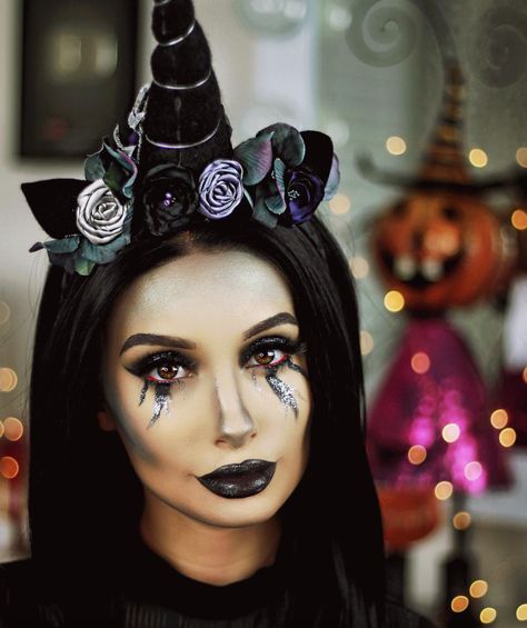 42 Unicorn Makeup Ideas Perfect for Halloween 2019 | Glamour Black And White Unicorn, Unicorn Makeup Tutorial, Unicorn Makeup Halloween, Evil Unicorn, Dark Unicorn, Unicorn Diy, Halloween Make-up Looks, Unicorn Halloween Costume, Sparkly Makeup