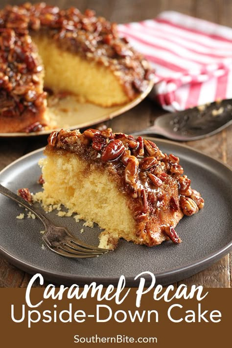 No one will believe that this recipe for Caramel Pecan Upside-Down Cake started with a boxed cake mix! Caramel Pecan Upside Down Cake, Pecan Caramel Cake, Pecan Upside Down Cake, Crunch Cake, Dessert Aux Fruits, Pecan Cake, Pecan Recipes, Caramel Pecan, Caramel Cake