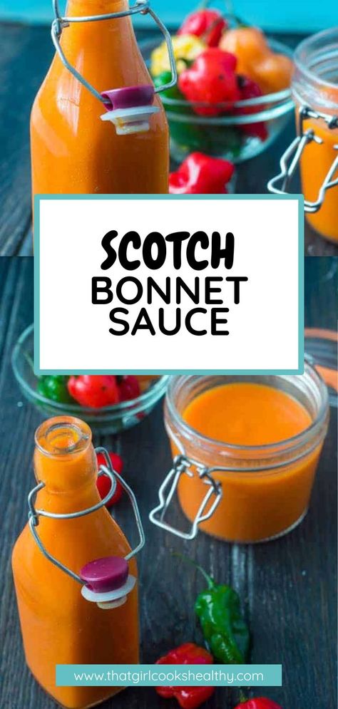 Scotch Bonnet Hot Sauce in bottles and jars. Caribbean Hot Sauce Recipe, Scotch Bonnet Pepper Recipes, Caribbean Pepper Sauce Recipe, Canned Hot Sauce Recipe, Scotch Bonnet Hot Sauce Recipe, Jerk Rice, Hot Pepper Sauce Recipe, Jamaican Dessert, Caribbean Sauce