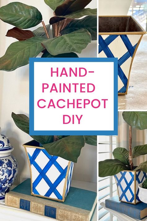 Hand-Painted Tole Cachepot DIY Diy Chinoiserie Painting, Traditional Decor Ideas, Chinoiserie Diy, Hand Painted Flower Pots, Diy Canvas Crafts, Diy Chinoiserie, Chinoiserie Painting, Diy Flower Pot, Chinoiserie Planter