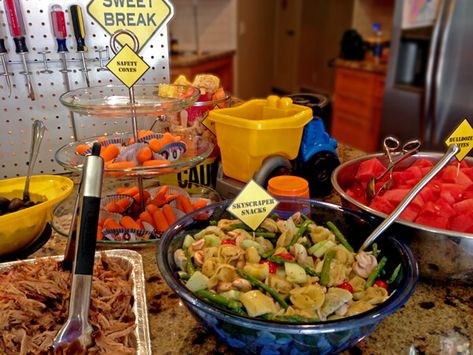 Construction Party Menu - Parties With A Cause Construction Theme Party Food, Food Display Ideas, Construction Party Food, Construction Birthday Party Food, Birthday Party Menu, Construction Baby Shower, Buffalo Dip, Truck Theme Birthday, Construction Theme Birthday Party