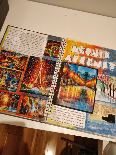 Leonid afremov- my response A Level Art Sketchbook Landscapes, Artist Response Page, Colour Art Page Gcse, Development Page Gcse Art, Art Cba Ideas, Colourful Artist Research Page, Artist Response Page Gcse, Art Research Page Sketchbook Ideas, A Level Sketchbook Layout