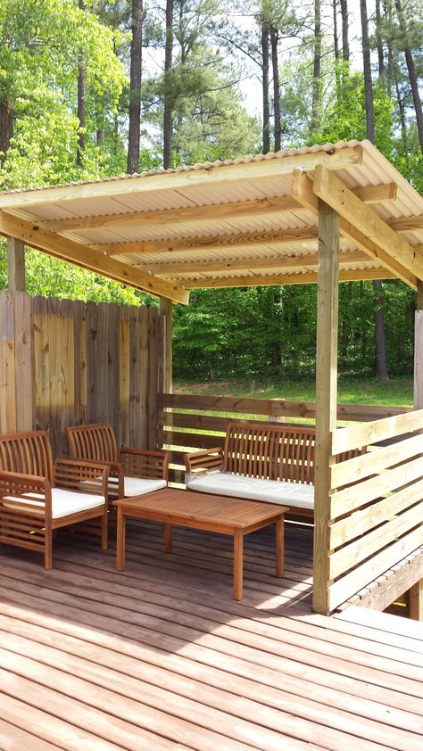 Small Wood Patio Ideas, Diy Pavillion, Pallet Gazebo Ideas, Lean To Gazebo, Cheap Outdoor Patio Ideas, Fire Table Patio, Backyard Seating Area, Wooden Gazebo, Backyard Seating