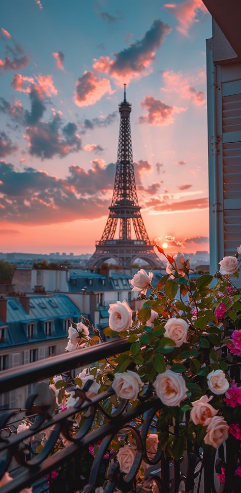 Romantic Paris sunset: Eiffel Tower view from rose-adorned balcony, capturing city's elegance and charm Ciudad Aesthetic, Paris Vibes Aesthetic, Emily In Paris Wallpaper, Cities Wallpaper, Paris Aesthetic Wallpaper, Paris Wallpapers, Paris Photography Eiffel Tower, Paris Things To Do, Parisian Elegance