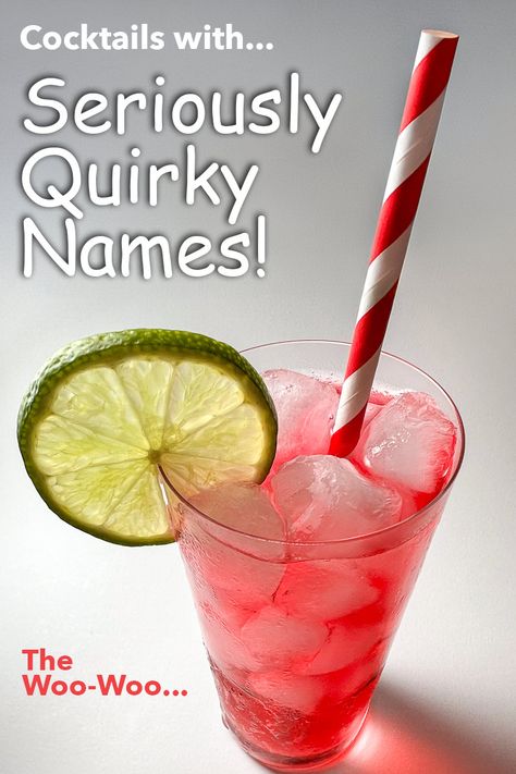 Pinterest image: photo of a Woo Woo cocktail with caption reading "Cocktails with Seriously Quirky Names" Fun Cocktail Names, Cocktail Names Creative, Funny Cocktail Names, Mocktail Names, Between The Sheets Cocktail, Rhyming Names, Crazy Names, Funny Cocktails, Restaurant Drinks