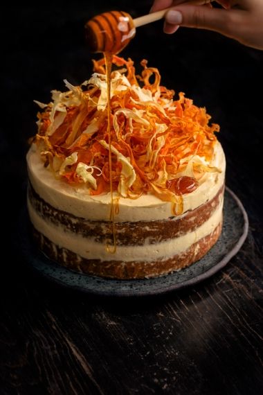 Spiced Parsnip & Carrot Cake with Burnt Honey Cream Cheese Frosting & Root Vegetable Chips | Gather & Feast Carrot Recipes Cake, Cake With Vegetables, Carrot Cake Plated Desserts, Beautiful Carrot Cake, Beautiful Cake Recipes, Fancy Carrot Cake, Fancy Thanksgiving Recipes, Honey Carrot Cake, Unique Carrot Cake