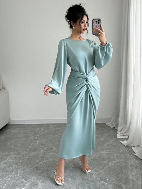 Solid Color Round Neck Long Sleeve Twist Knot Elegant Graceful Dress Green Elegant  Long Sleeve Fabric Plain Fitted Non-Stretch  Women Clothing, size features are:Bust: ,Length: ,Sleeve Length: Graceful Dress, Twist Dress, Estilo Hip Hop, Twist Knot, Elegant Dress, Dress P, Wide Leg Jeans, Colorful Leggings, Denim Women