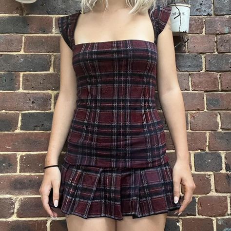 Dark red / purple tartan pleated mini dress ONLY... - Depop Purple Plaid Dress, Plaid Slip Dress, Purple Tartan, Plaid Dresses, Plaid Mini Dress, Tartan Dress, Pleated Mini Dress, Purple Plaid, Plaid Dress