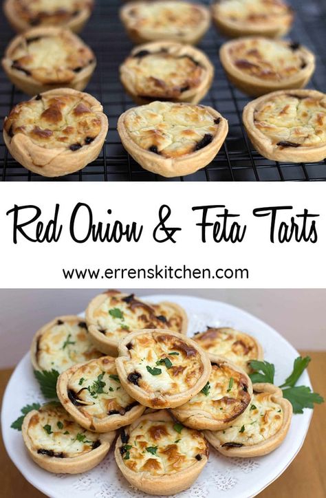 After trying out this easy recipe for your own homemade Red onion and Feta Tarts it will be your signature party piece, creating the best starter or snack everyone will love! #ErrensKitchen #appetizerseasy #partyrecipes Fingerfood Recipes, Onion Tartlets, Caramelised Onion Tart, Onion Tart, Diy Easy Recipes, Appetizer Ideas, Savory Tart, Tart Recipes, Pavlova