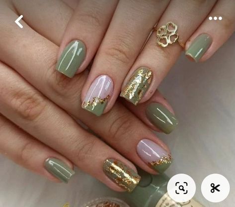 Olive And Pink Nails, Green Pink And Gold Nails, Fairy Nails Acrylic Short, Green And Gold Nail Designs Short, Green Pink Gold Nails, Olive Green And Pink Nails, Green Nail Color Ideas, Nail Designs Green And Gold, Green And Gold Nails Short