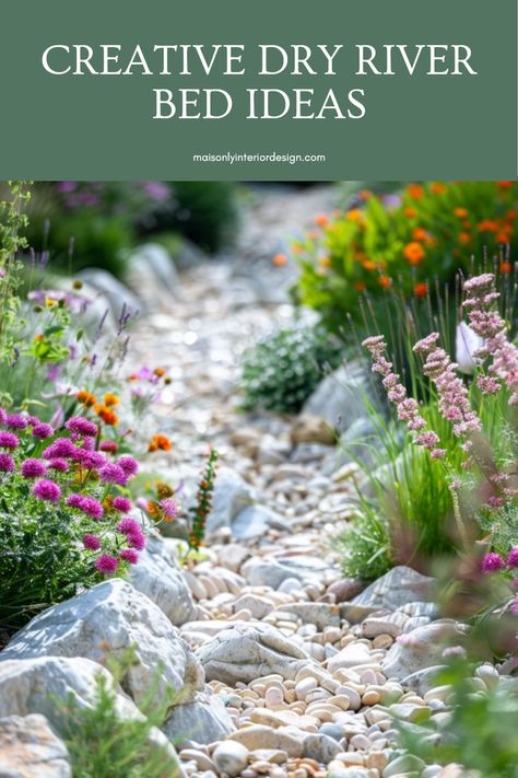 Enhance your garden with these inspiring dry river bed ideas. These aesthetic designs not only look beautiful but also provide eco-friendly benefits for your outdoor space. Create pathways that allow rainwater to drain naturally while adding visual interest to different areas. Explore how to use local stones and plants that thrive in your climate to make this project sustainable. From modern minimalism to rustic charm, there’s a design for everyone. Start your garden project today and add a serene touch to your home! Dry Riverbed Landscaping Backyards, Dry Rock Bed For Drainage, Dry River Bed Landscape Yard Ideas, River Stone Landscaping, Creek Bed For Drainage, Dry Garden Landscaping, River Rock And Mulch Landscaping, Dry Creek Bed For Drainage, Dry Stream Bed Landscaping