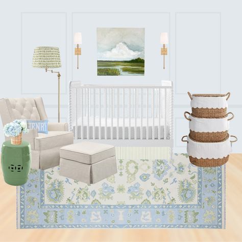 Grandmillenial Boys Nursery, Preppy Nursery Boy, Blue And Green Boy Nursery, Baby Blue Nursery Boy, Classic Baby Boy Nursery, Grand Millennial Nursery, Grandmillennial Nursery, Green And Blue Nursery, Hydrangea Nursery