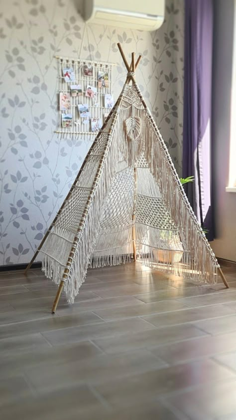 My handmade. TeePee for children /party, wedding tent Boho Tent Decor, Macrame Teepee, Teepee Diy, Macrame Canopy, Macrame Interior, Diy Teepee Tent, Boho Teepee, Macrame Furniture, Relaxing Room