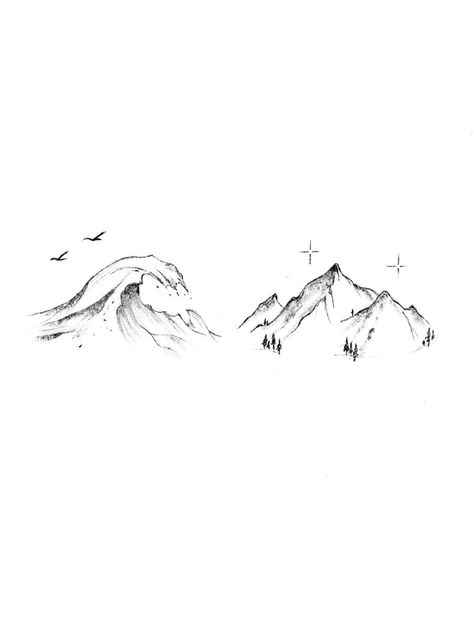 Mountain And Waves Tattoo Matching, Wave Tattoo Couple, Mountain And Sea Couples Tattoo, Wave Sea Tattoo, Mountain Ocean Matching Tattoos, Couple Tattoo Mountain, Wave And Mountain Couple Tattoo, Nature Inspired Matching Tattoos, Mountain Tattoo Matching